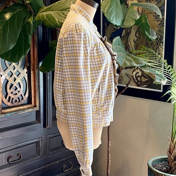 Anthropologie Idra Gingham Check Ruffled Lapel Zip Jacket. Bomber cut - Picture 4 of 13